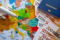 Map of europe with passport and compass for travel Royalty Free Stock Photo