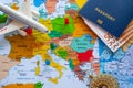 Map of europe with passport and compass for travel Royalty Free Stock Photo