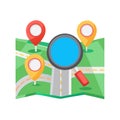 Map exploration with a magnifying glass and location pins displayed Royalty Free Stock Photo