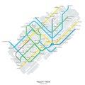 Map of a fictional transit system with four colored lines (blue, green, gray, yellow) Royalty Free Stock Photo