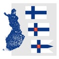 Map of Finland with lakes and rivers and three Finnish flags.
