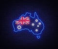 Map and Flag of Australia are a neon sign. Vector Illustrations, Neon Banner, Luminous Billboard, Bright Night Royalty Free Stock Photo