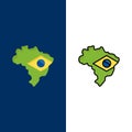 Map, Flag, Brazil  Icons. Flat and Line Filled Icon Set Vector Blue Background Royalty Free Stock Photo