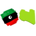 Map and flag Of Libya. Green area. Flat cartoon. Borders of a state in North Africa