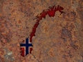 Map and flag of Norway on rusty metal