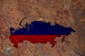 Map and flag of Russia on rusty metal