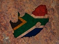 Map and flag of South Africa on rusty metal