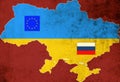 Map and flag of Ukraine with the flag of Russia, and European Union