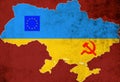 Map and flag of Ukraine with the symbol of Russia, and European Union