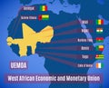 Map and flags country members of the West African Economic and Monetary Union UEMOA