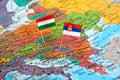 Hungary and Serbia flag pins on map, neighbouring countries, political allies, concept image