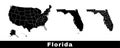 Map of Florida state, USA. Set of Florida maps with outline border, counties and US states map. Black and white color Royalty Free Stock Photo