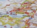 A map with the focus on the city of Ferrol Spain. Holiday concept and travel