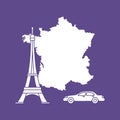 Map of France, famous tower of Paris, car. Travel and leisure