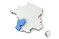 Map of France showing Aquitaine region. 3D Rendering