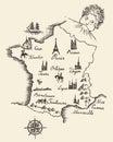 Map of France vintage engraved illustration sketch Royalty Free Stock Photo