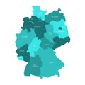 Map of Germany divided to 13 federal states and 3 city-states - Berlin, Bremen and Hamburg, Europe. Simple flat vector