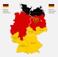 Map of the Germany map divided on West and East Germany with regions and names in the colors of the flag with administrative