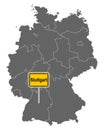 Map of Germany with road sign of Stuttgart