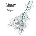 Map of Ghent Gent Gand city within administrative borders with roads and rivers on white background