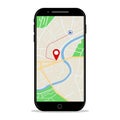 Map gps navigation in mobile phone. Online application of direction on map for car in smartphone screen. Location on city street