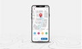 Map GPS navigation Smartphone map application and red pinpoint on screen App search map navigation on line maps