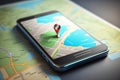 Map GPS navigation, Smartphone map application and red pinpoint on screen. AI generated Royalty Free Stock Photo