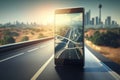 Map of gps navigator with destination point on smartphone screen on blurred background of the road. AI generated Royalty Free Stock Photo