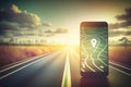 Map of gps navigator with destination point on smartphone screen on blurred background of the road. AI generated Royalty Free Stock Photo