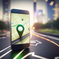 Map of gps navigator with destination point on smartphone screen on blurred background of the road. AI generated Royalty Free Stock Photo