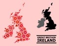 Map of Great Britain and Ireland - Collage of Covid Biohazard Infection Elements