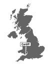 Map of Great Britain with road sign of Cardiff
