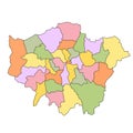 map of Greater London is a region of England, with borders of the ceremonial counties or boroughs and different colour Royalty Free Stock Photo