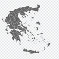 Blank map of Greece. Departments of Greece map. High detailed gray vector map of Greece on transparent background