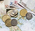 Map of Greece, euros and drachma