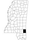 Map of Greene County in Mississippi state on white background. single County map highlighted by black colour on Mississippi map.