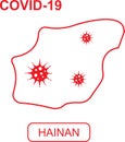 Map of Hainan labeled COVID-19. White outline map on a red background.