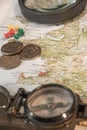 Map of Iceland, push pins, compass, Icelandic money and lens magnifier as ultimate items for successful traveler, abstract, Royalty Free Stock Photo