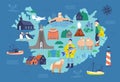 Map of Iceland with touristic landmarks and national symbols - lighthouse, sheep, fisherman, man in hot pool, Icelandic