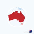 Map icon of Australia. Blue map of Oceania with highlighted Australia in red color