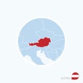 Map icon of Austria. Blue map of Europe with highlighted Austria in red color