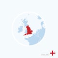 Map icon of England. Blue map of Europe with highlighted England in red color