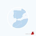 Map icon of Gibraltar. Blue map of Europe with highlighted Gibraltar in red color