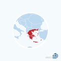 Map icon of Greece. Blue map of Europe with highlighted Greece in red color