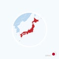 Map icon of Japan. Blue map of East Asia with highlighted Japan in red color