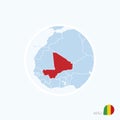 Map icon of Mali. Blue map of Europe with highlighted Mali in red color