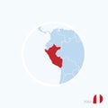 Map icon of Peru. Blue map of Europe with highlighted Peru in red color