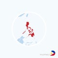 Map icon of Philippines. Blue map of Asia with highlighted Philippines in red color