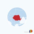 Map icon of Romania. Blue map of Europe with highlighted Romania in red color