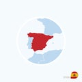 Map icon of Spain. Blue map of Europe with highlighted Spain in red color